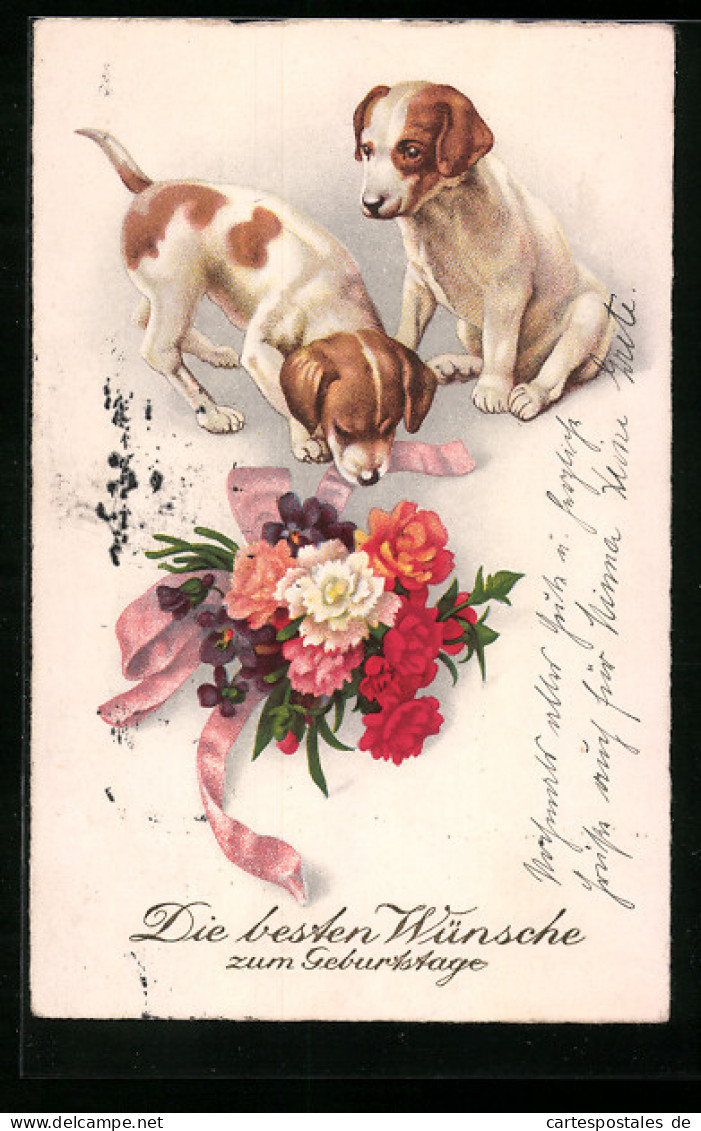 AK Zwei Hundwelpen Mit Blumenstrauss  - Hunde