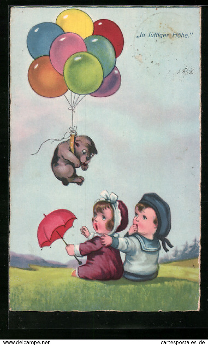 AK Mit Luftballons Fliegender Hundewelpe Landet Neben Einem Kleinen Paar  - Hunde