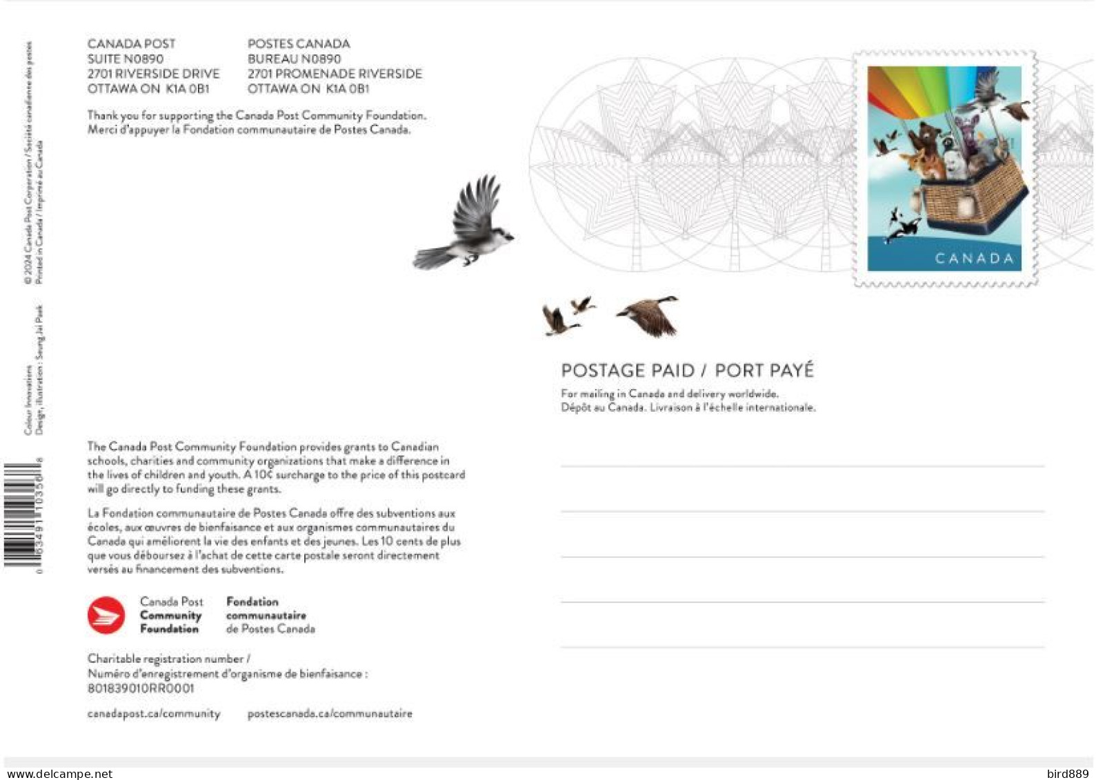 2024 Canada Post Card Community Foundation Animals Bird Racoon Moose Polar Bear Fox Unused See Second Scan - Modern Cards