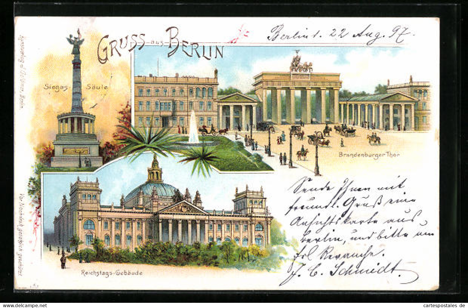 Lithographie Berlin-Tiergarten, Brandenburger Thor, Reichstags-Gebäude  - Dierentuin