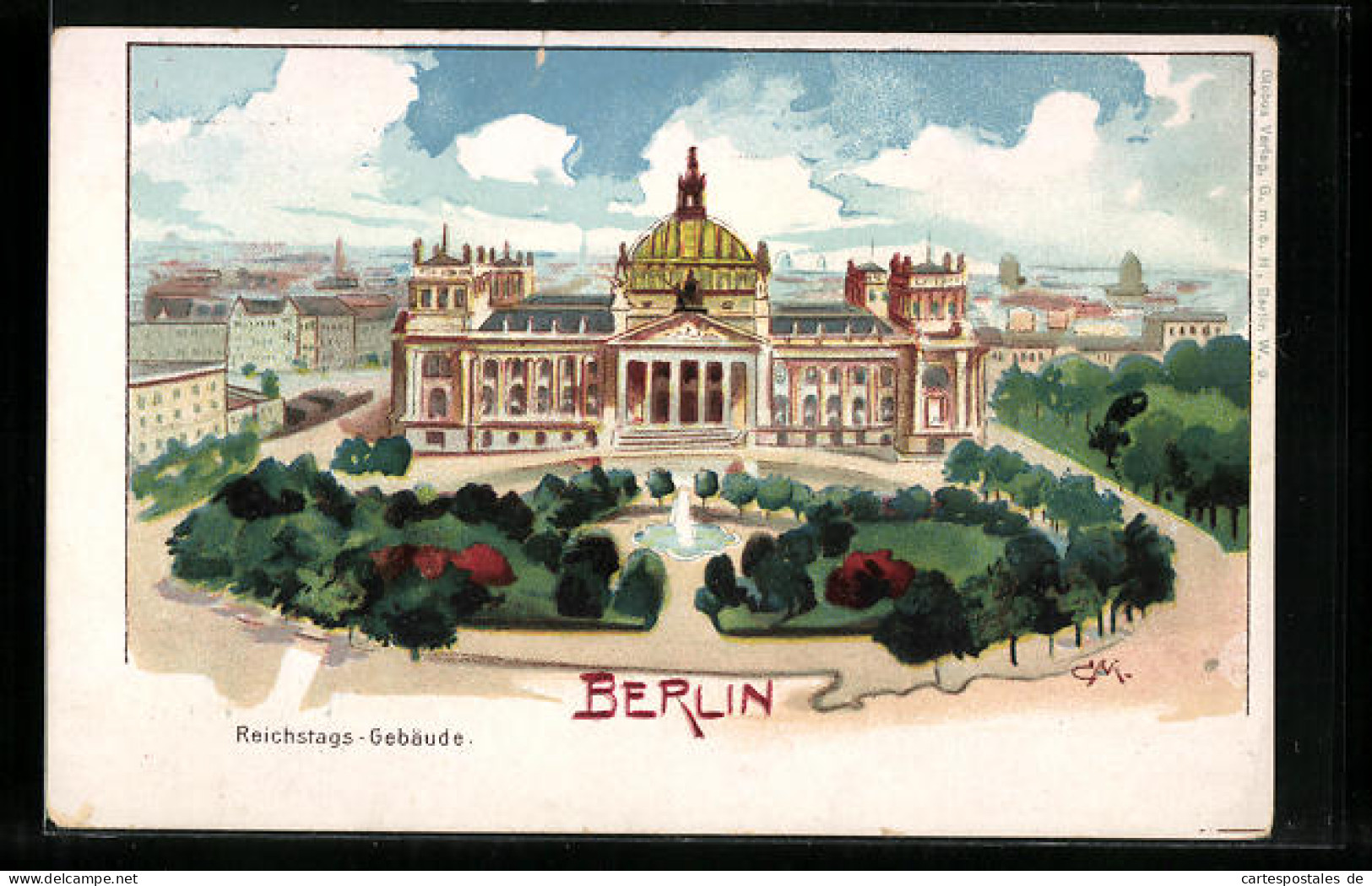 Lithographie Berlin-Tiergarten, Reichstags-Gebäude Mit Anlagen Aus Der Vogelschau  - Tiergarten