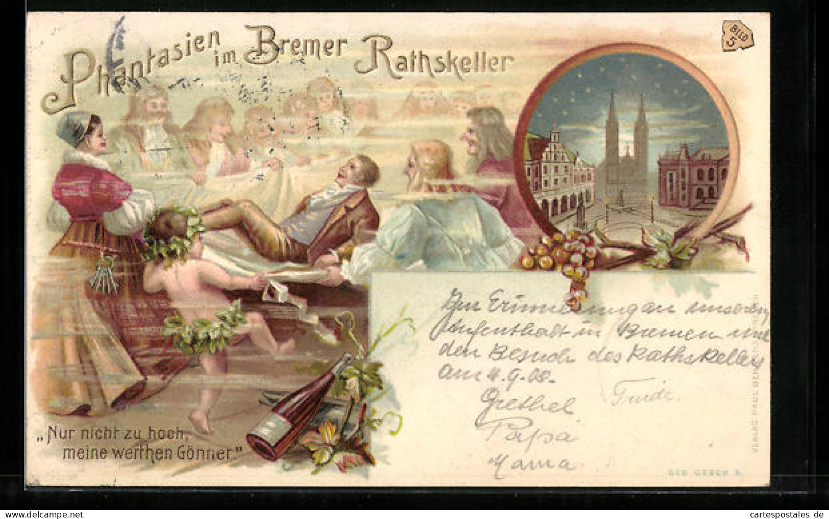 Lithographie Bremen, Träumender Weintrinker Im Gasthaus Ratskeller, Ortspartie Bei Vollmond  - Bremen