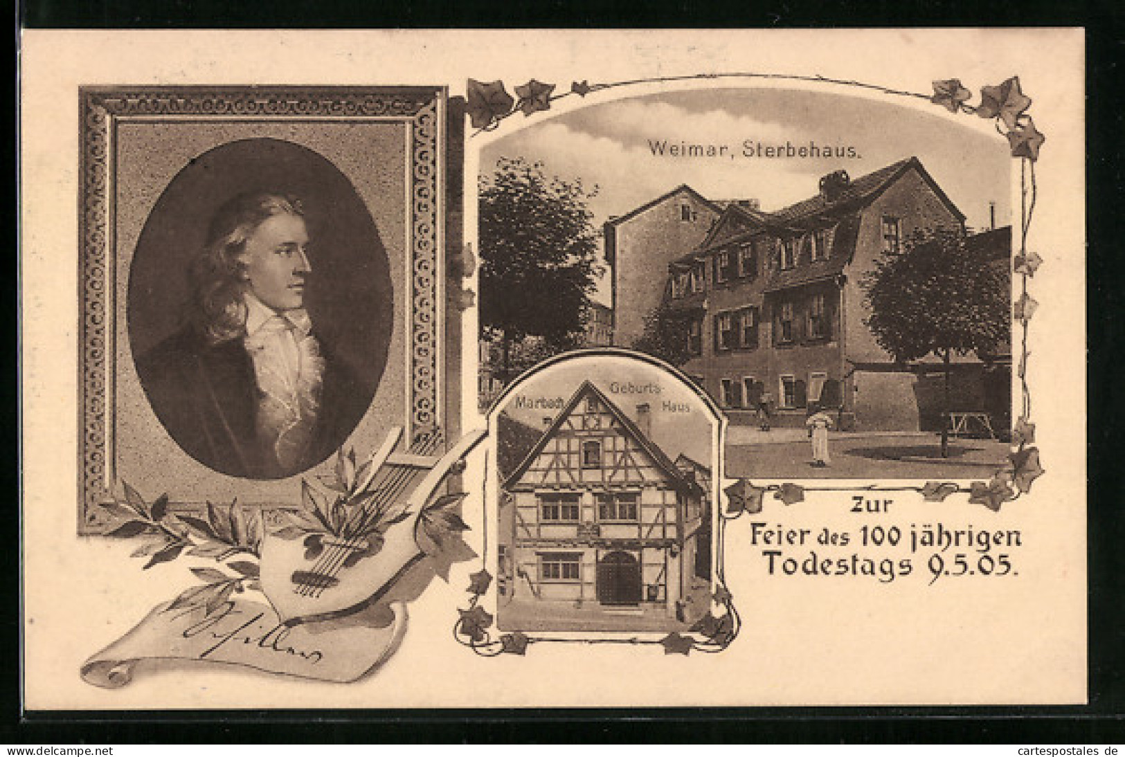 Lithographie Weimar, 100. Todestag Schillers 1905, Portrait, Sterbehaus, Geburtshaus In Marbach  - Schriftsteller