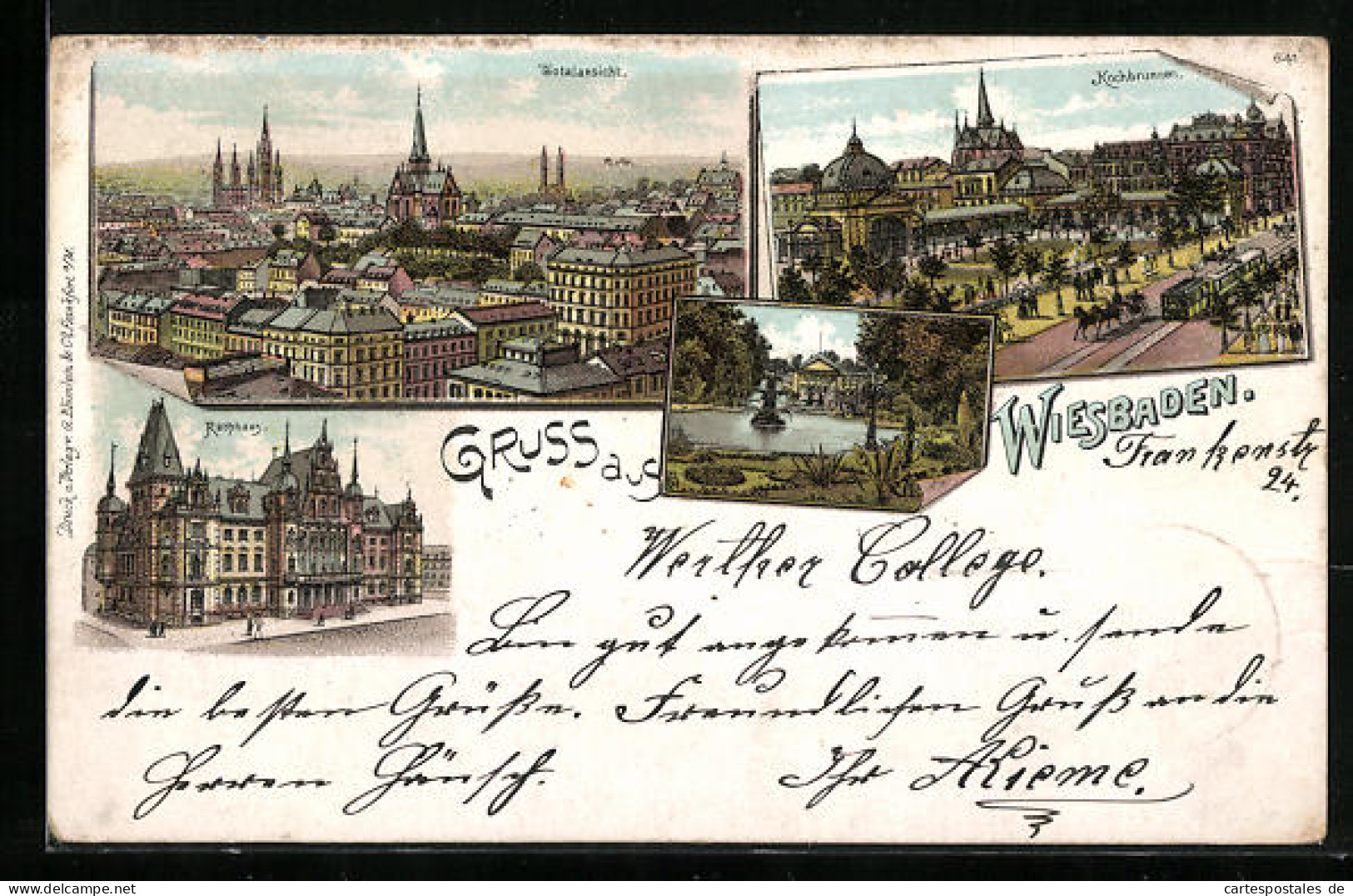 Lithographie Wiesbaden, Totalansicht, Kochbrunnen, Rathaus  - Wiesbaden