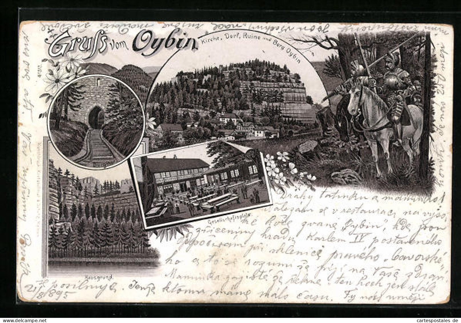 Vorläufer-Lithographie Oybin, 1895, Ortsansicht Mit Kirche Und Berg, Burgthor, Ritter  - Oybin