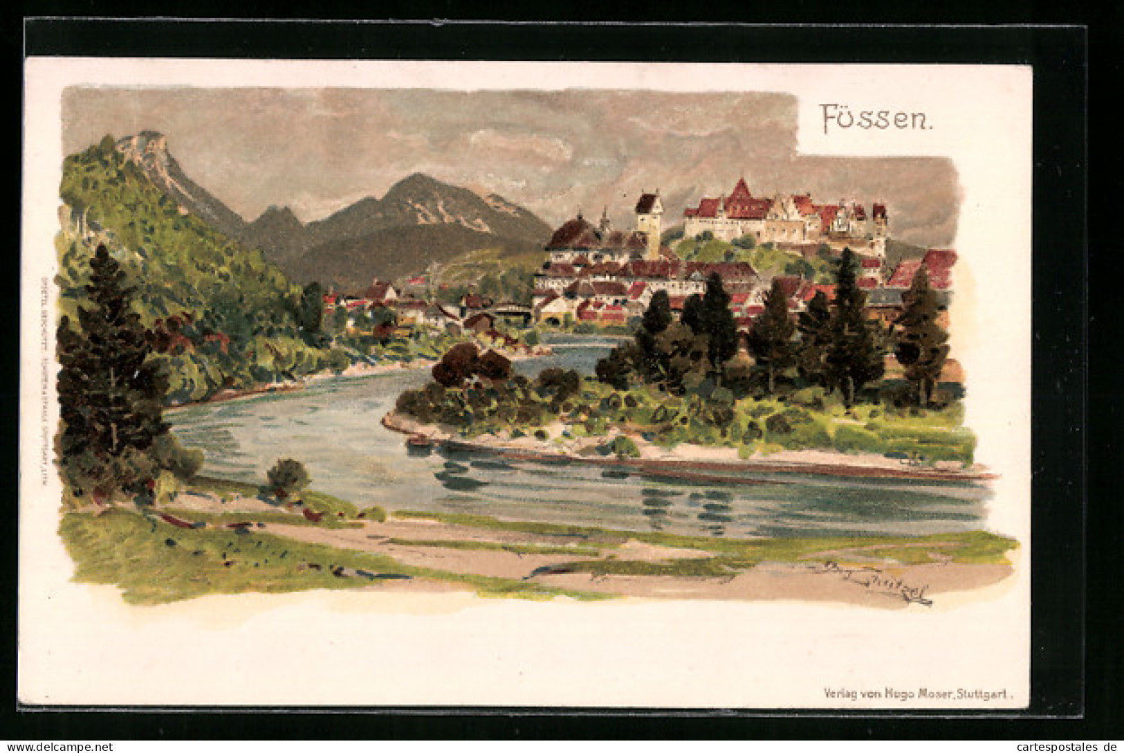 Lithographie Füssen, Flusspartie  - Füssen