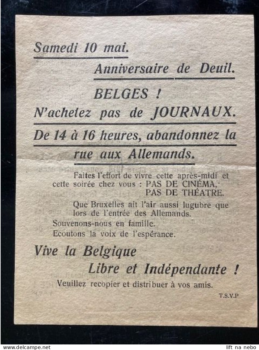 Tract Presse Clandestine Résistance Belge WWII WW2 'Samedi 10 Mai. Anniversaire De Deuil...' - Documenti