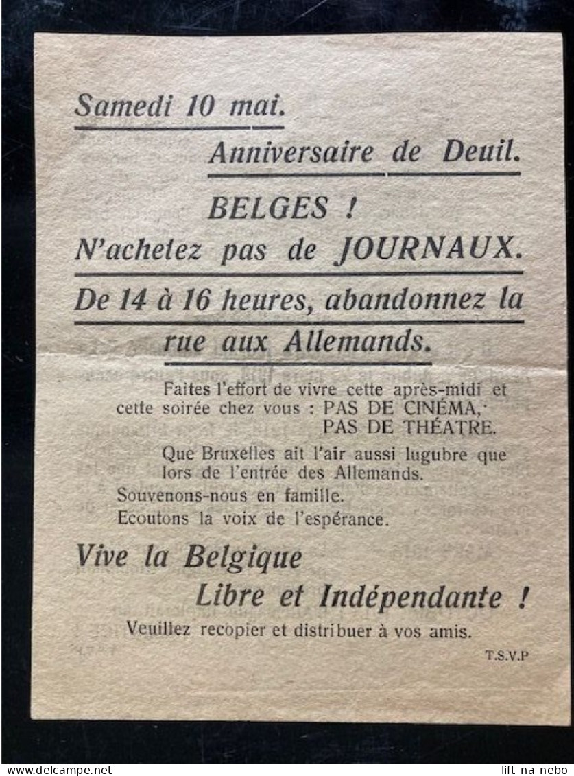 Tract Presse Clandestine Résistance Belge WWII WW2 'Samedi 10 Mai. Anniversaire De Deuil...' - Documenten