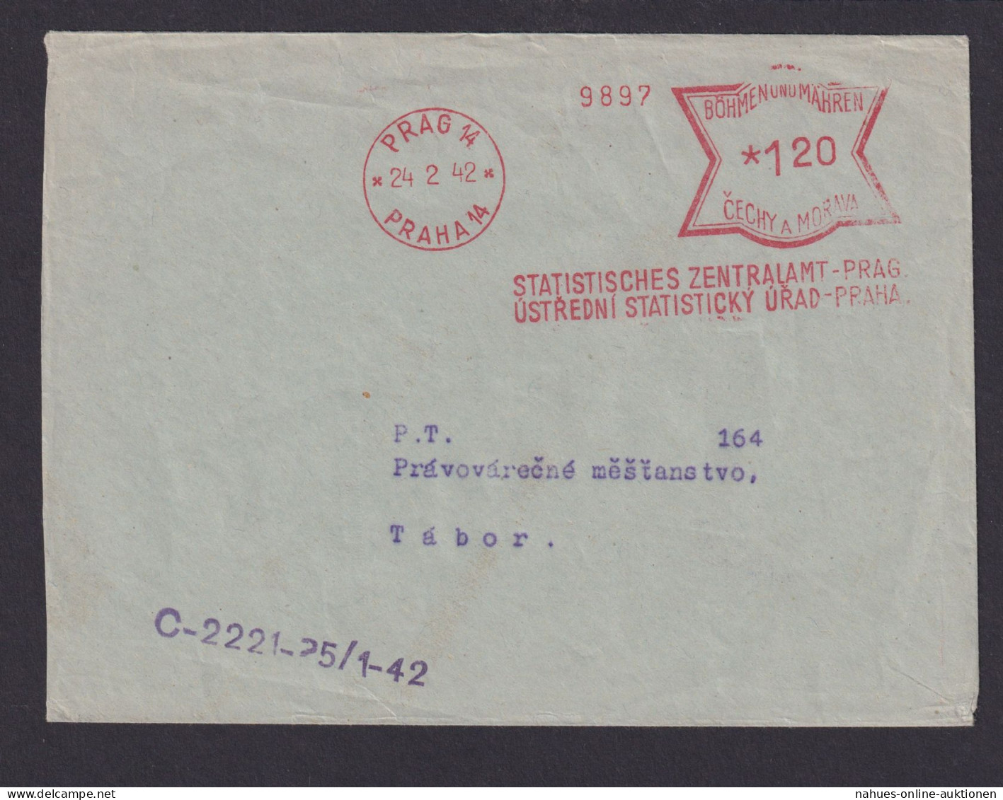 Besetzung Böhmen & Mähren Brief AFS Absenderfreistempl PRAG 14 120 Nach Tabor - Ocupación 1938 – 45