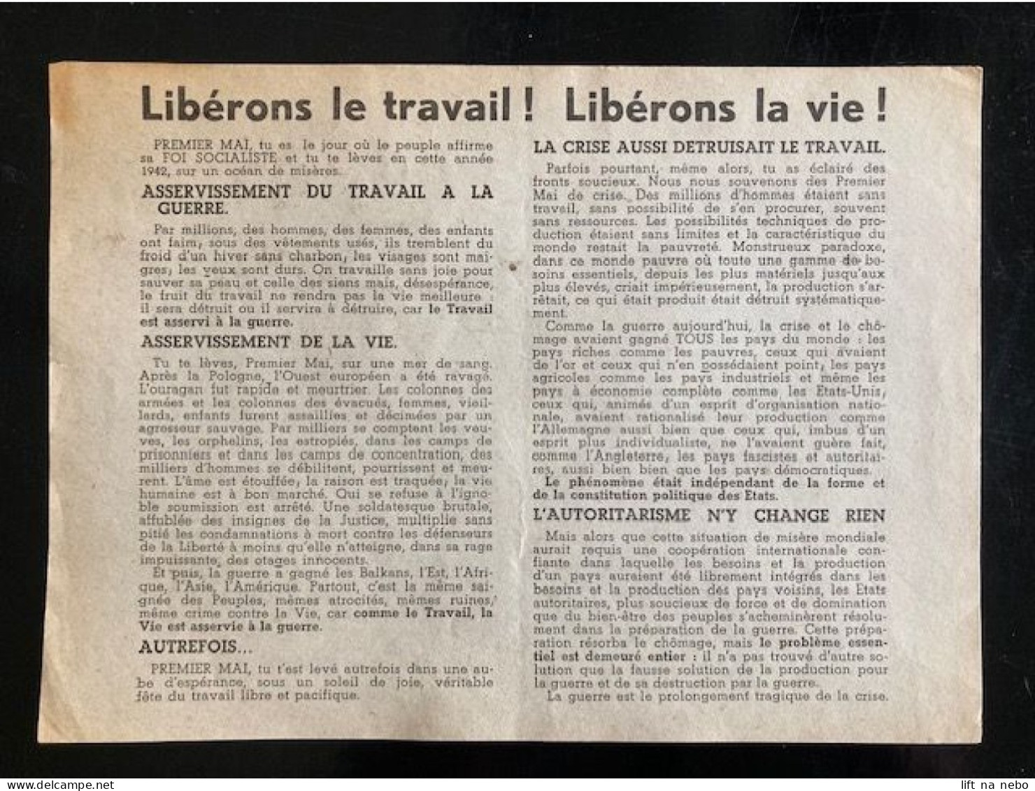 Tract Presse Clandestine Résistance Belge WWII WW2 'Libérons Le Travail! Libérons La Vie!' - Documenten