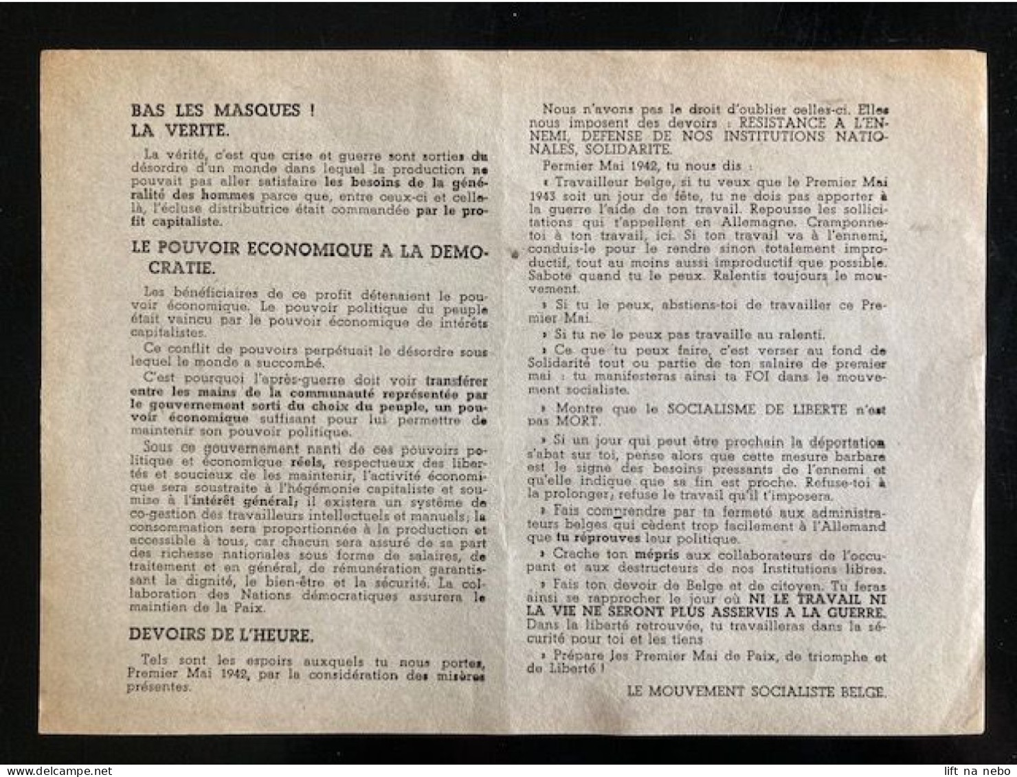 Tract Presse Clandestine Résistance Belge WWII WW2 'Libérons Le Travail! Libérons La Vie!' - Documenti