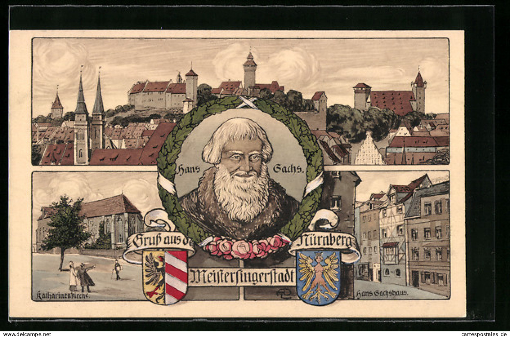 AK Nürnberg, Katharinenkirche, Hans Sachshaus, Hans Sachs Im Porträt, Panorama Und Wappen  - Nürnberg