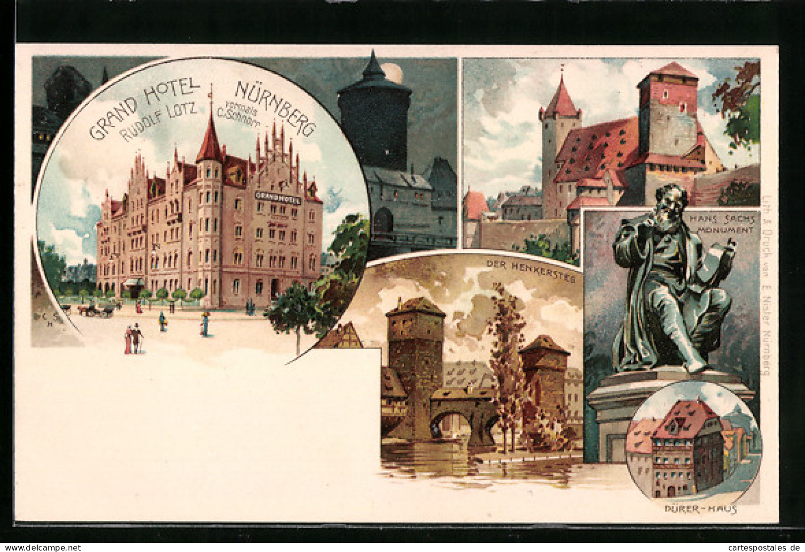 Lithographie Nürnberg, Grand Hotel, Henkersteg, Dürerhaus Und Hans Sachs Monument  - Nürnberg
