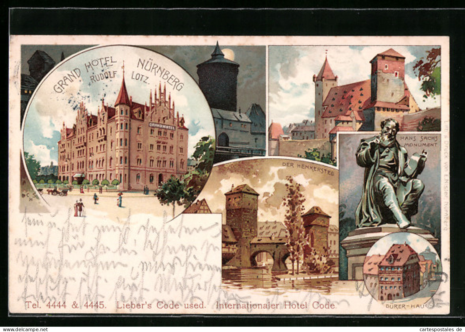 Lithographie Nürnberg, Grand Hotel, Hans Sachs Monument, Henkersteg  - Nürnberg