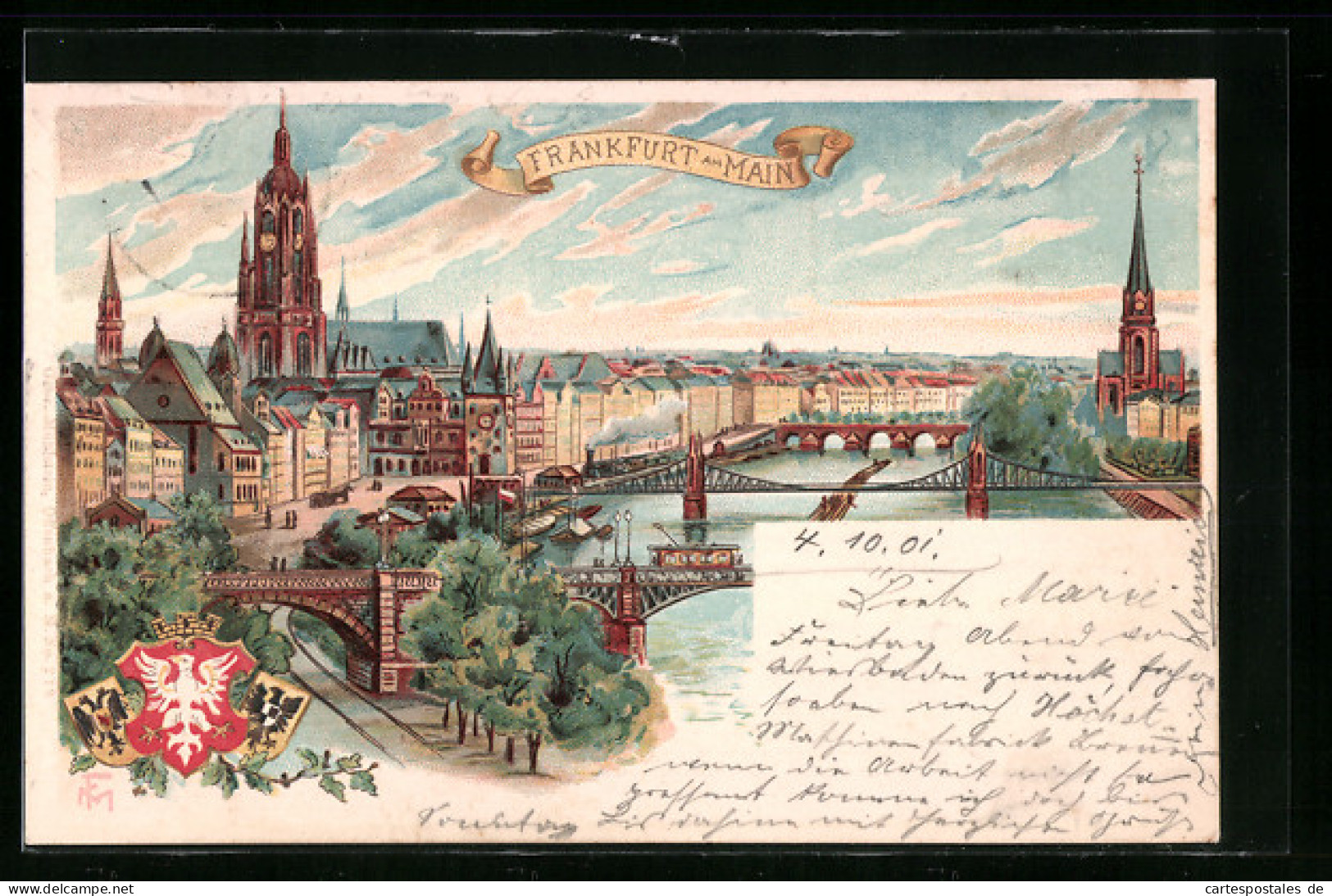 Lithographie Frankfurt A. M., Mainpartie Mit Brücken, Wappen  - Frankfurt A. Main