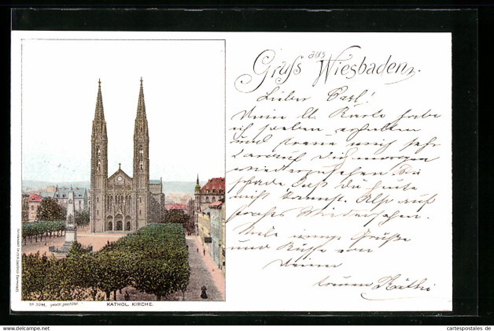 Lithographie Wiesbaden, Katholische Kirche  - Wiesbaden