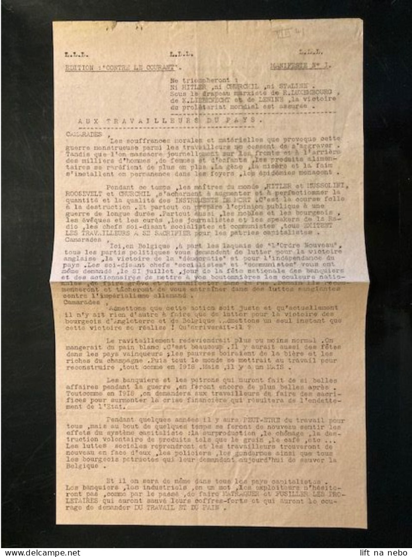 Tract Presse Clandestine Résistance Belge WWII WW2 'Edition: "Contre Le Courant" Aux Travailleurs Du Pays - Documenti