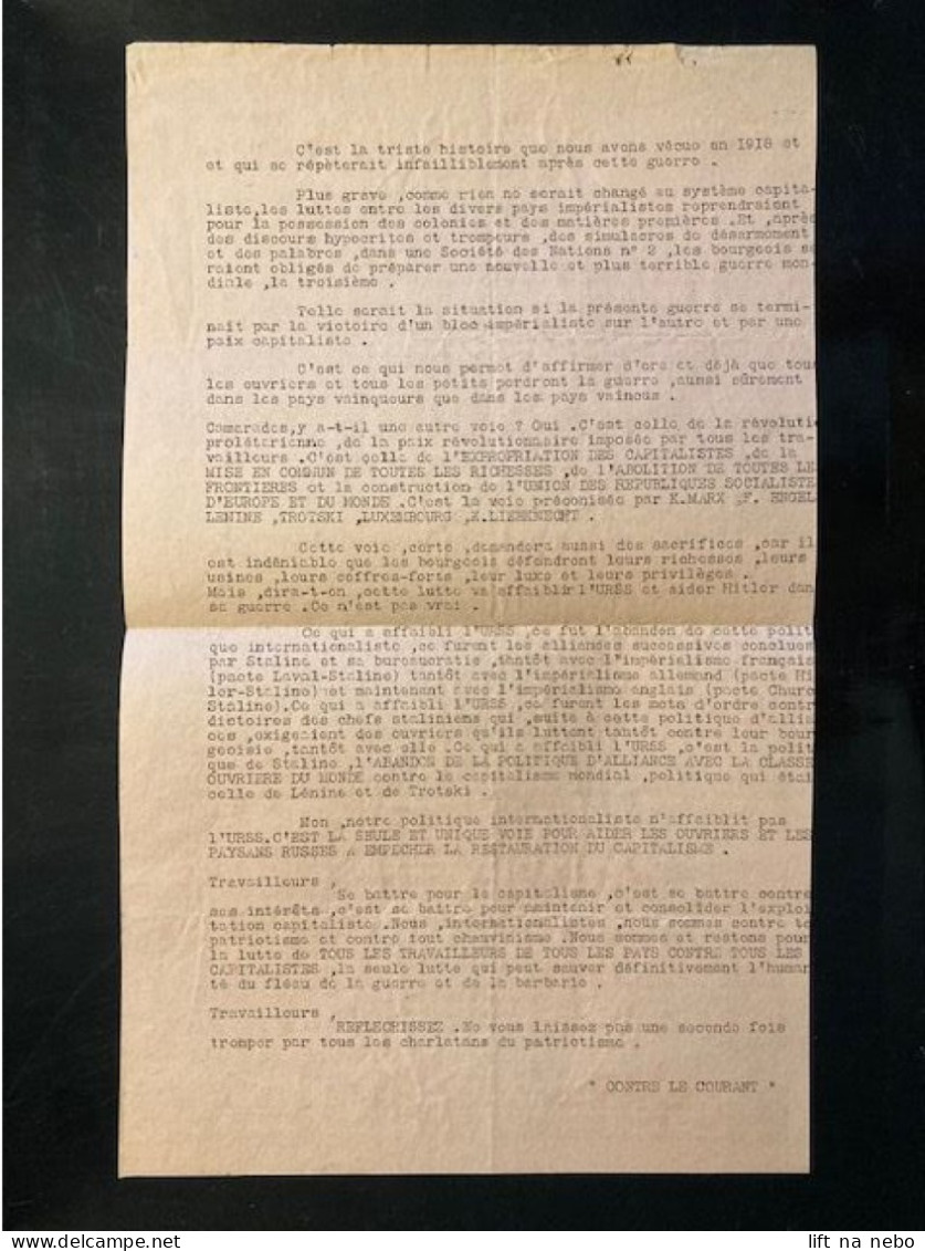 Tract Presse Clandestine Résistance Belge WWII WW2 'Edition: "Contre Le Courant" Aux Travailleurs Du Pays - Documenti