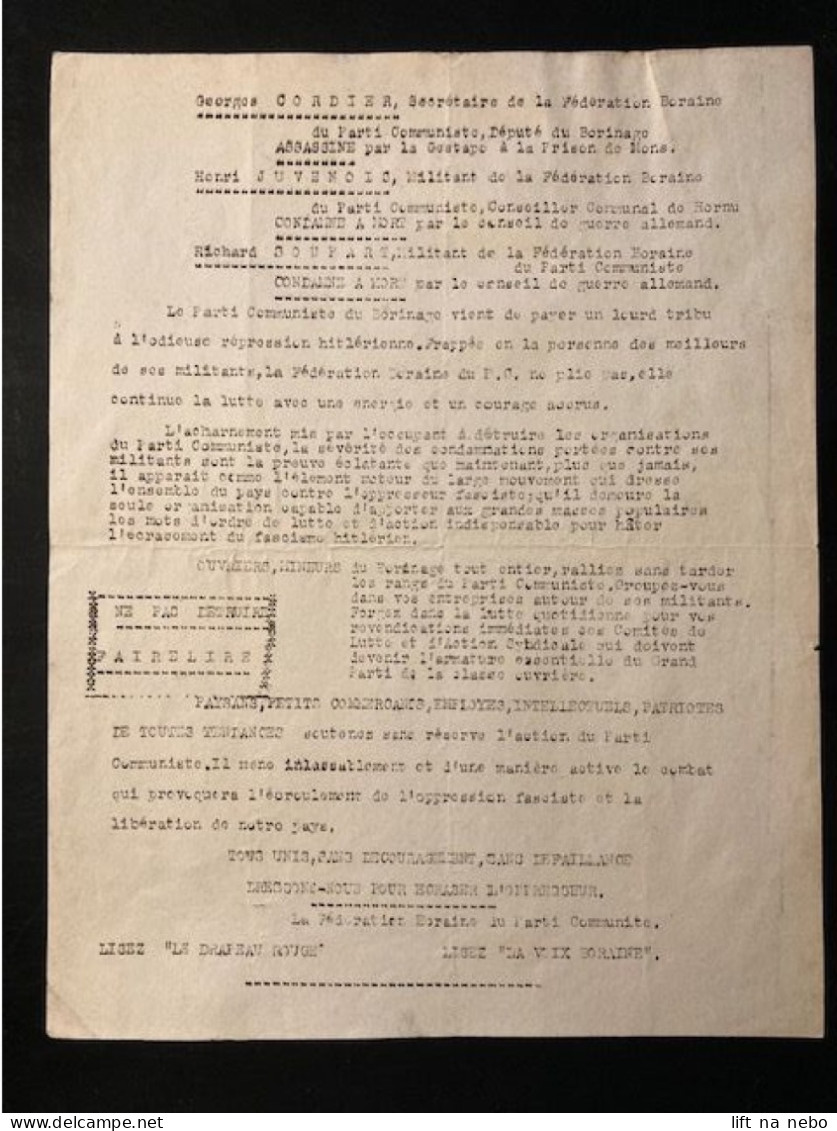 Tract Presse Clandestine Résistance Belge WWII WW2 'Georges Cordier, Secrétaire...' (propagande Du Parti Communiste) - Documenten