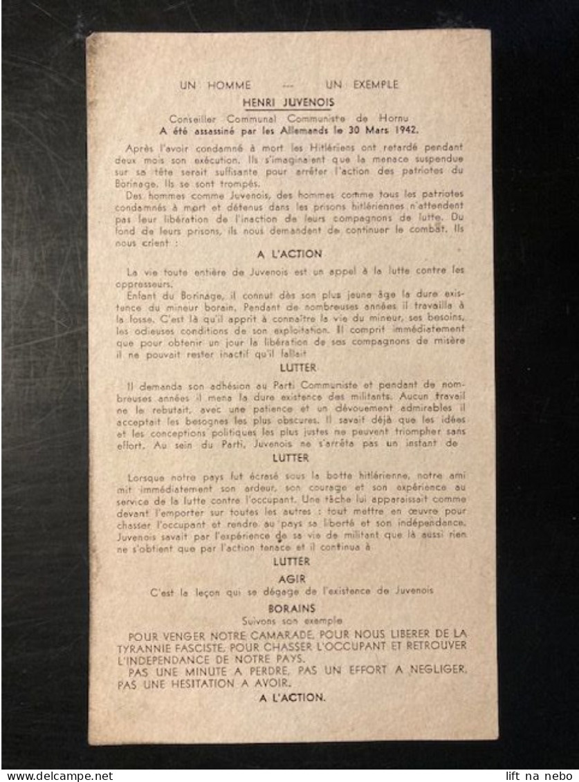 Tract Presse Clandestine Résistance Belge WWII WW2 'Un Homme - Un Exemple / Henri Juvenois' - Documentos