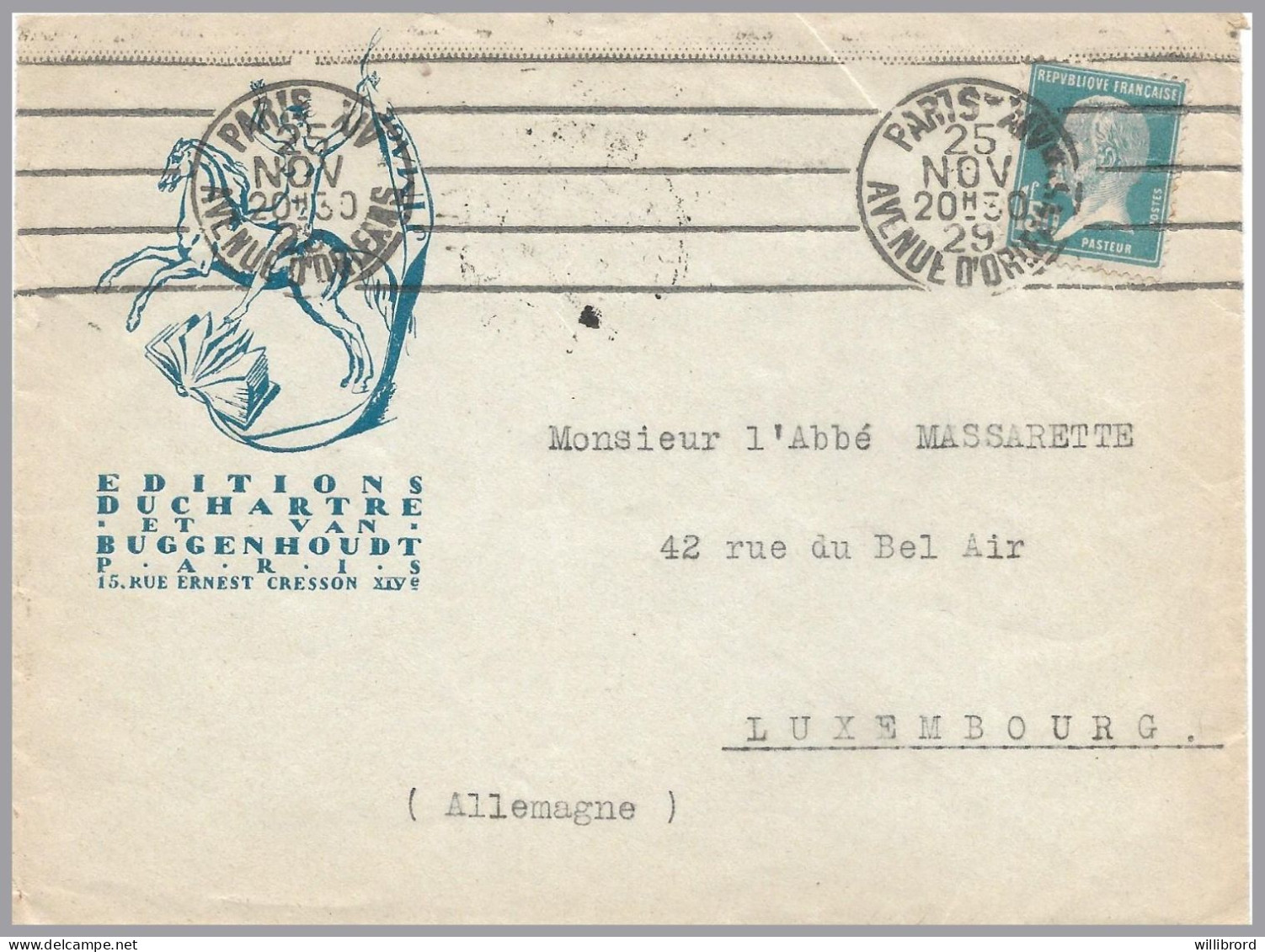 FRANCE To LUXEMBOURG 1929 1.50F PASTEUR Sole Use - Advertising - Editions Duchartre Paris - 1922-26 Pasteur