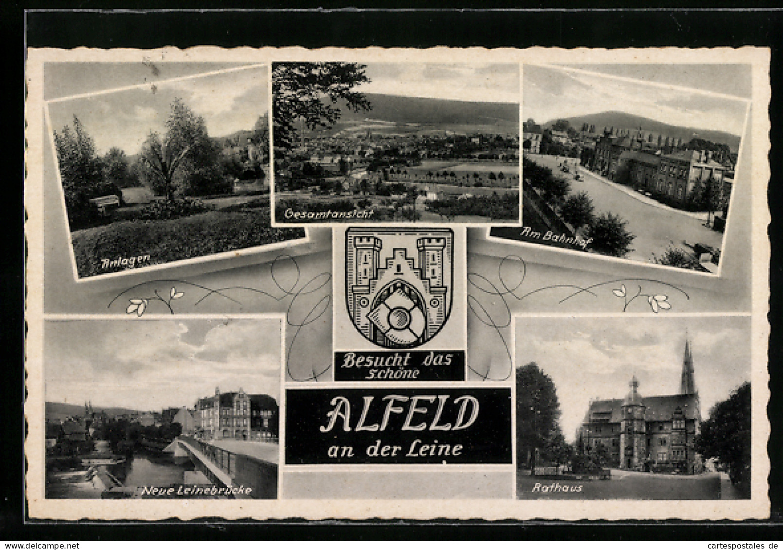 AK Alfeld A. D. Leine, Gesamtansicht, Anlagen, Neue Leinebrücke, Rathaus, Am Bahnhof, Wappen  - Alfeld