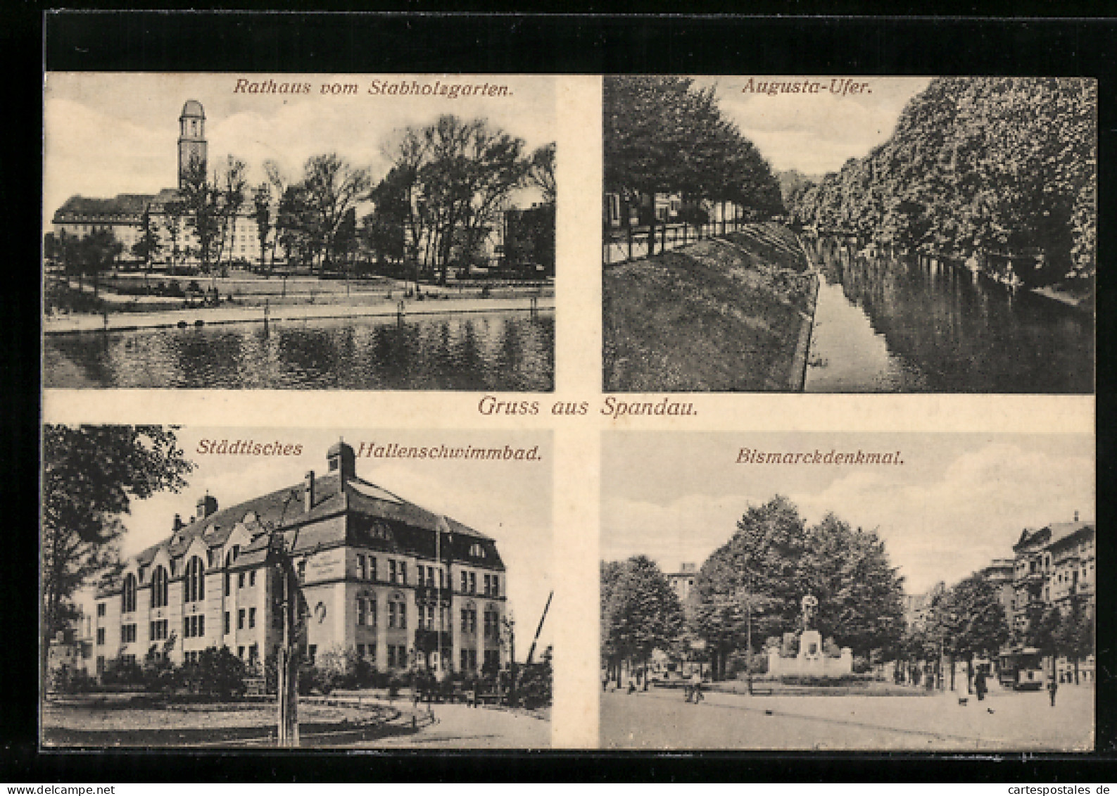 AK Spandau, Rathaus Vom Stabholzgarten, Augusta-Ufer, Bismarckdenkmal, Städtisches Hallenschwimmbad  - Spandau