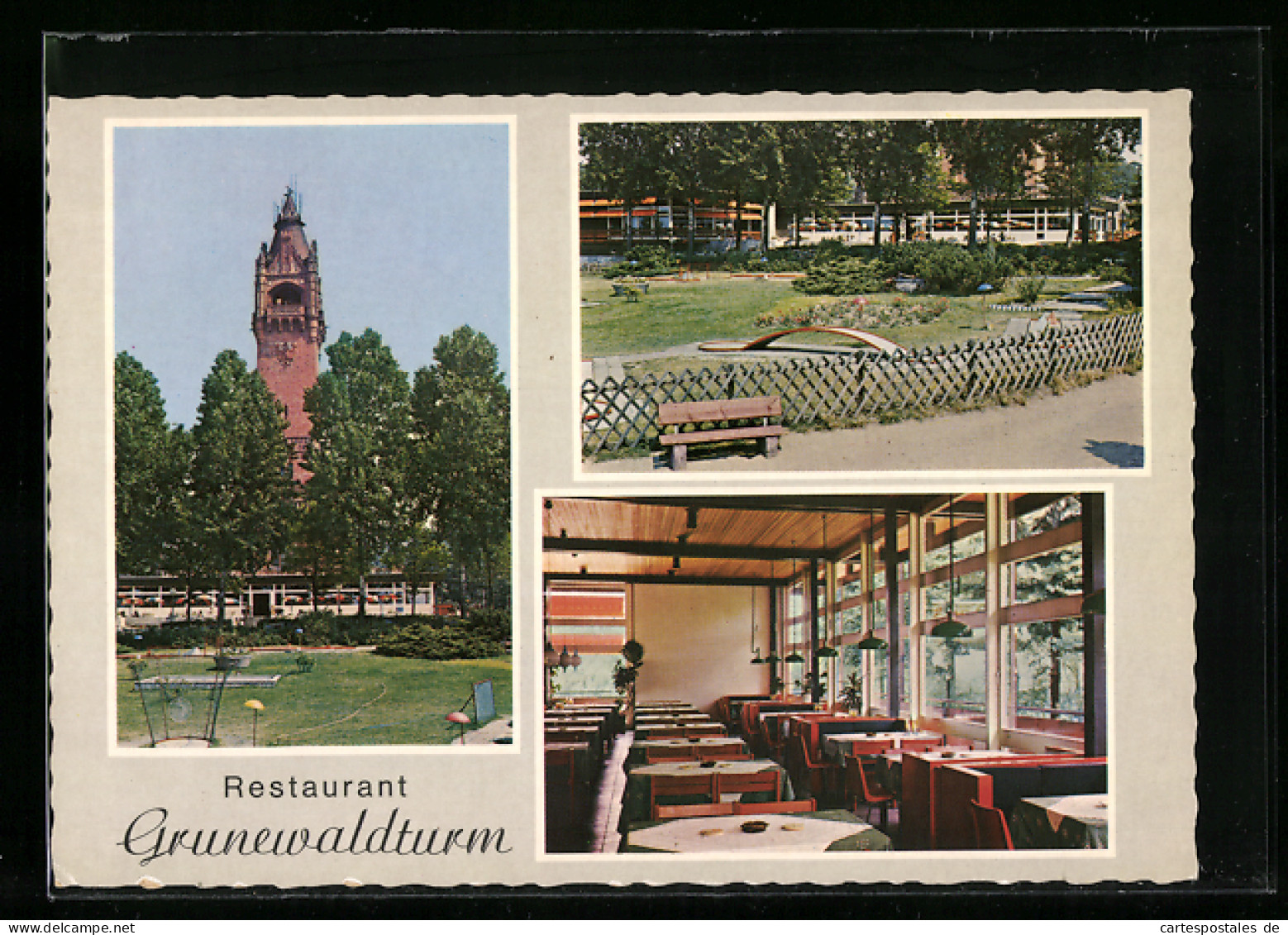 AK Berlin-Grunewald, Das Restaurant Grunewaldturm, Im Gastraum, Der Minigolfplatz  - Grunewald