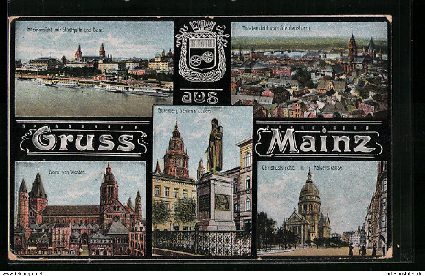 AK Mainz, Totalansicht V. Stephansturm, Rheinansicht M. Stadthalle U. Dom, Gutenberg-Denkmal, Christuskirche  - Mainz