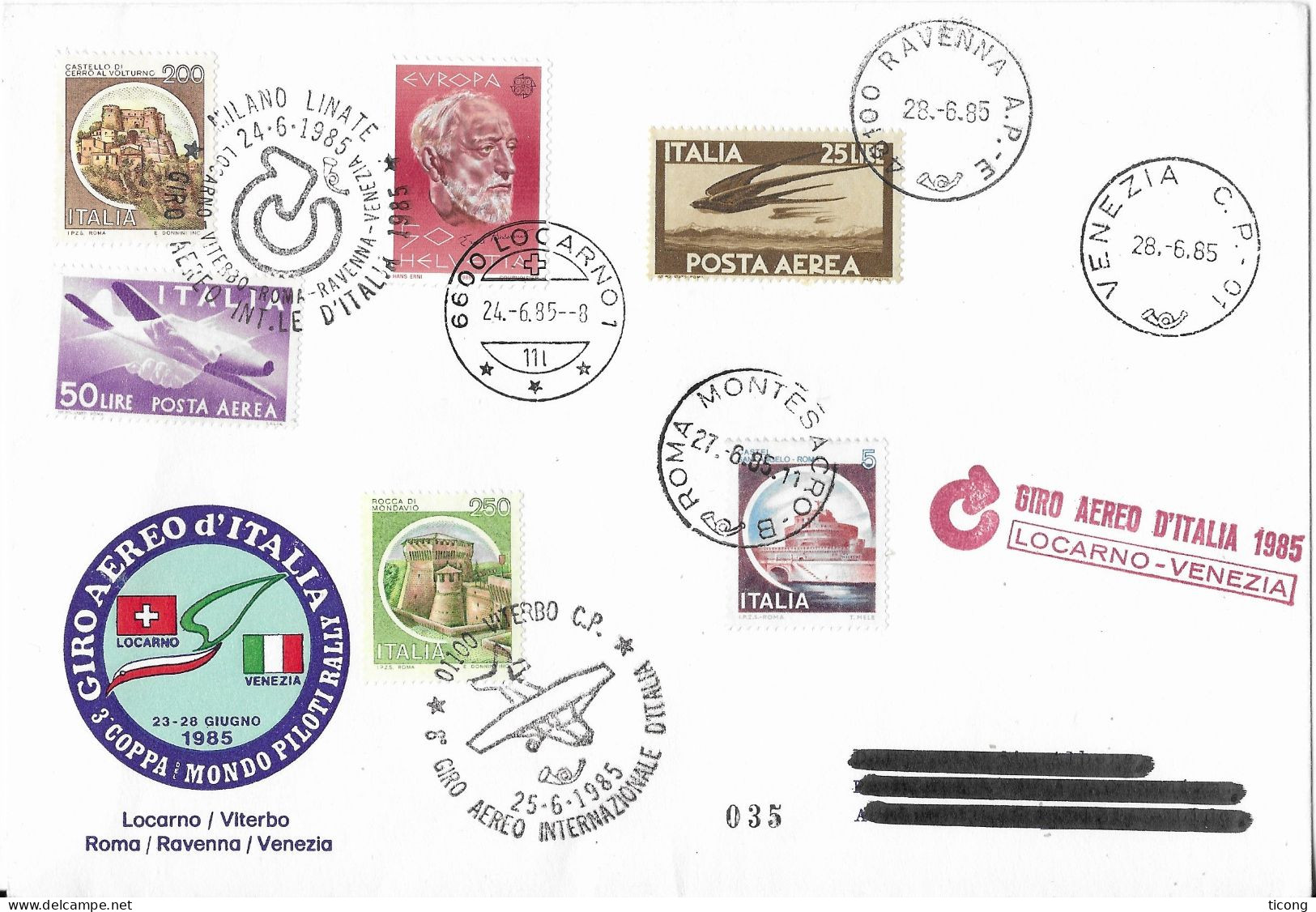 GIRO AERO D ITALIA 1985 LOCARNO VENEZIA - TIMBRE SUISSE, TIMBRES ITALIENS, ENVELOPPE NUMEROTEE 35, VOIR LE SCANNER - 1981-90: Poststempel