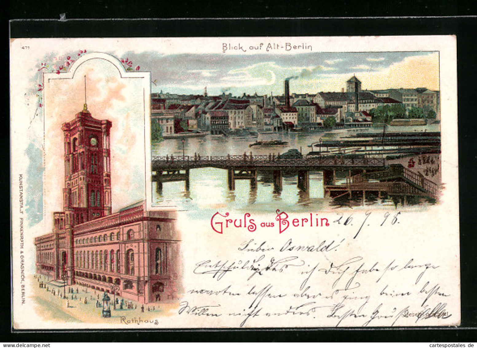 Lithographie Berlin, Rathaus, Blick Auf Alt-Berlin  - Autres & Non Classés