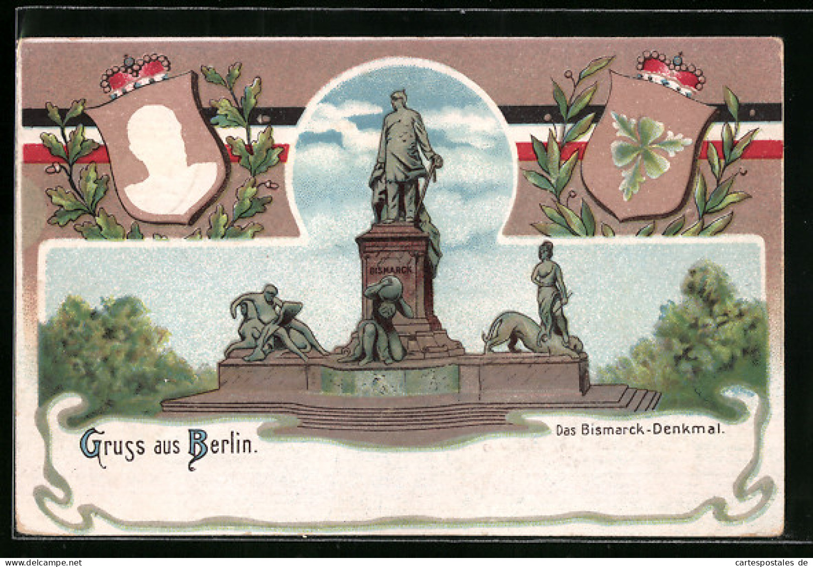 Lithographie Berlin, Das Bismarck-Denkmal, Portrait Und Wappen, Eichen- Und Lorbeer-Laub  - Tiergarten