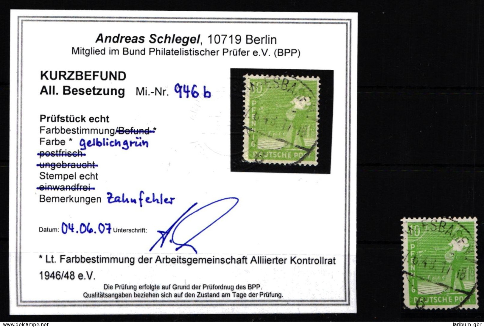 Alliierte Besetzung 946 B Gestempelt Kurzbefund Schlegel BPP #IU211 - Other & Unclassified