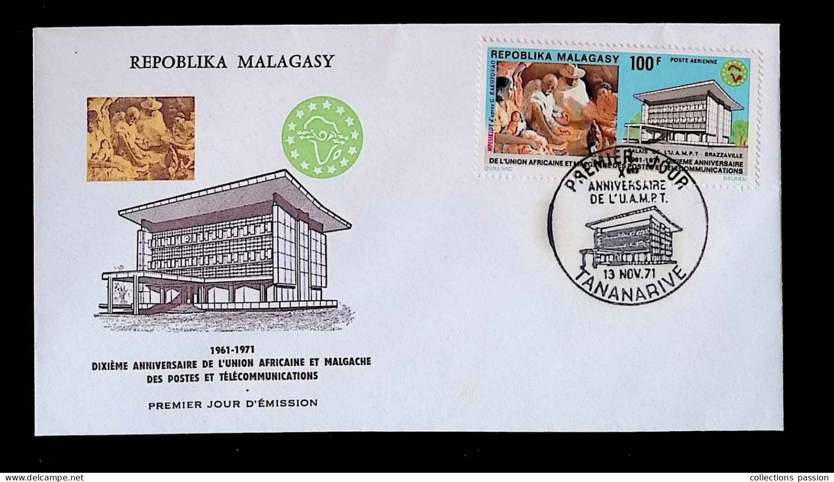 CL, FDC, Premier Jour, Madagascar, Repoblika Demokratika Malagasy, 13 Nov. 1971, Tananarive, Anniversaire De L'U.A.M.P.T - Madagascar (1960-...)