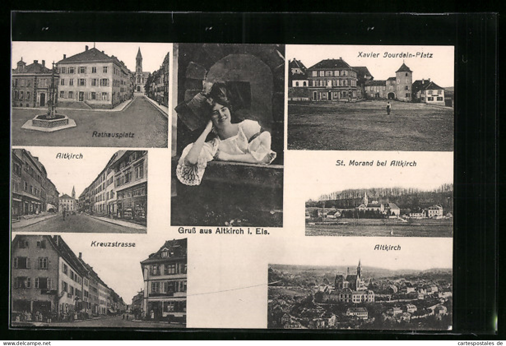 CPA Altkirch I. Els., Hôtel De Villeplatz, Kreuzstrasse, Xavier-Jourdain-Platz, St. Morand, Femme En Costume Typique  - Altkirch