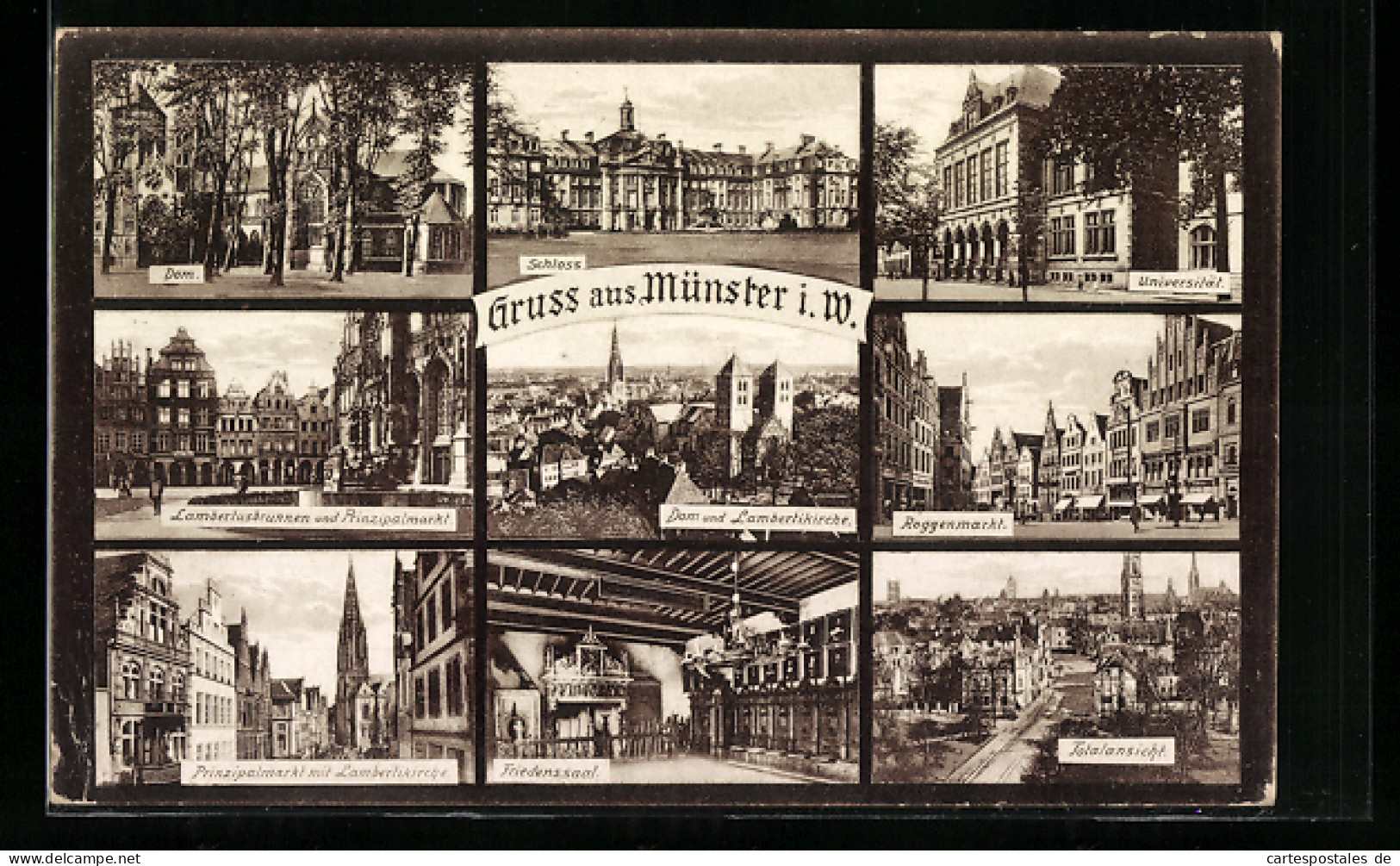 AK Münster I. W., Dom, Schloss, Universität, Lambertusbrunnen U. Prinzipalmarkt, Roggenmarkt, Totalansicht, Friedens  - Muenster