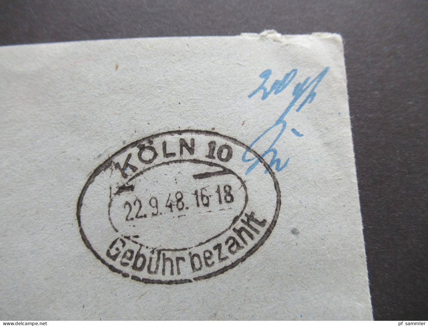 Bizone 22.9.1948 Notmaßnahme Schwarzer Ellipsen - Stempel Gebühr Bezahlt Köln 10 Und Porto Handschriftlich Doppelt Verwe - Covers & Documents