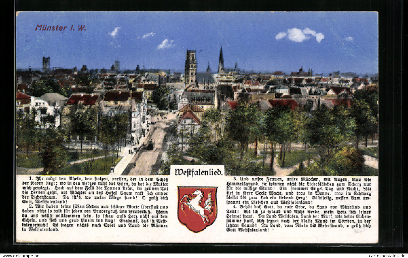 AK Münster I. W., Ortsansicht Aus Der Vogelschau Mit Wappen Und Westfalenlied  - Muenster