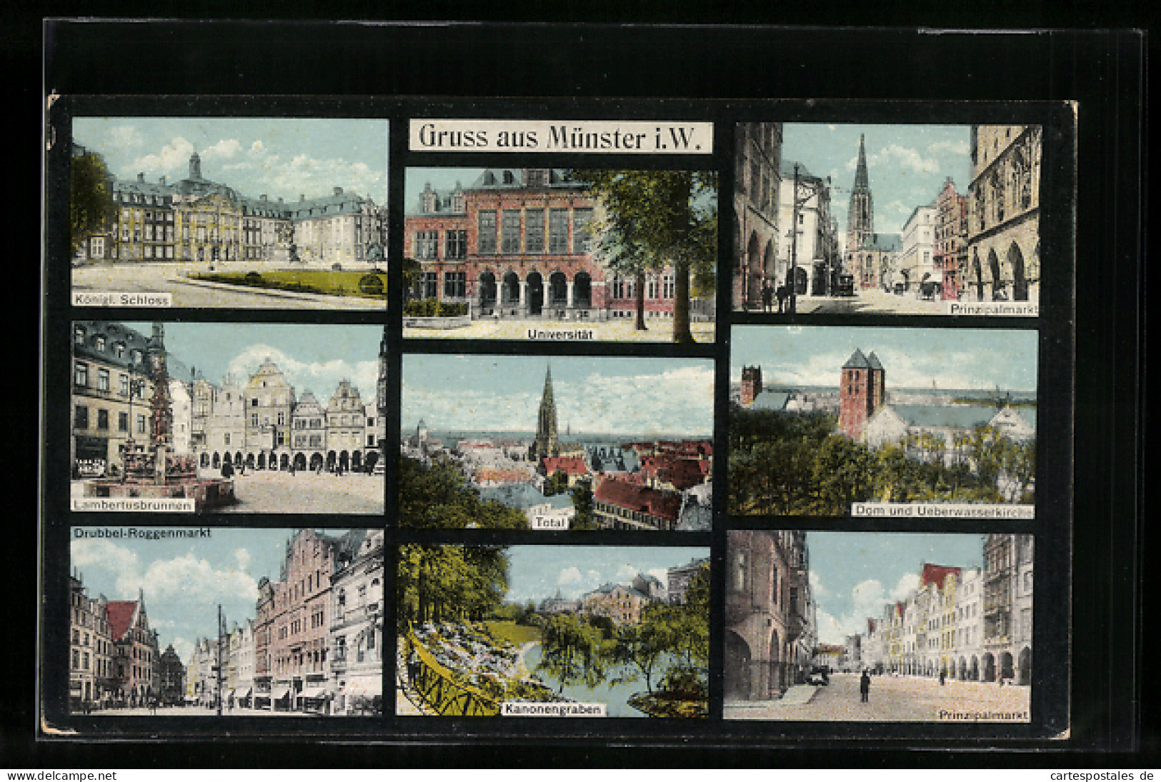 AK Münster I. W., Kgl. Schloss, Universität, Prinzipalmarkt, Dom U. Überwasserkirche, Kanonengraben U. A.  - Münster