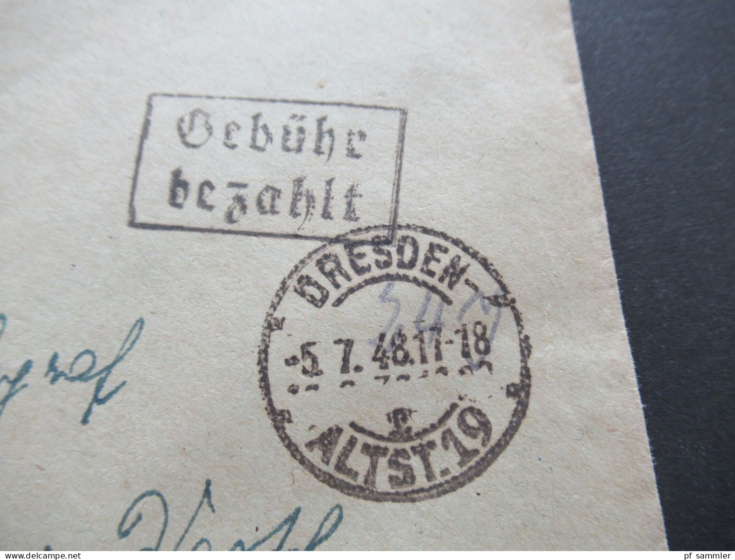 SBZ 5.7.1948 Notmaßnahme Schwarzer Ra2 Stempel Gebühr Bezahlt Und Tagesstempel Dresden Altst.19 Fernbrief Nach Bösperde - Cartas & Documentos