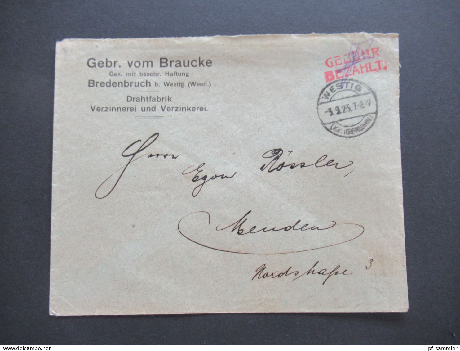 9.1923 Infla Notmaßnahme Porto Handschriftlich Roter L2 Gebühr Bezahlt Tagesstempel Westig Gebr.vom Braucke Bredenbruch - Covers & Documents