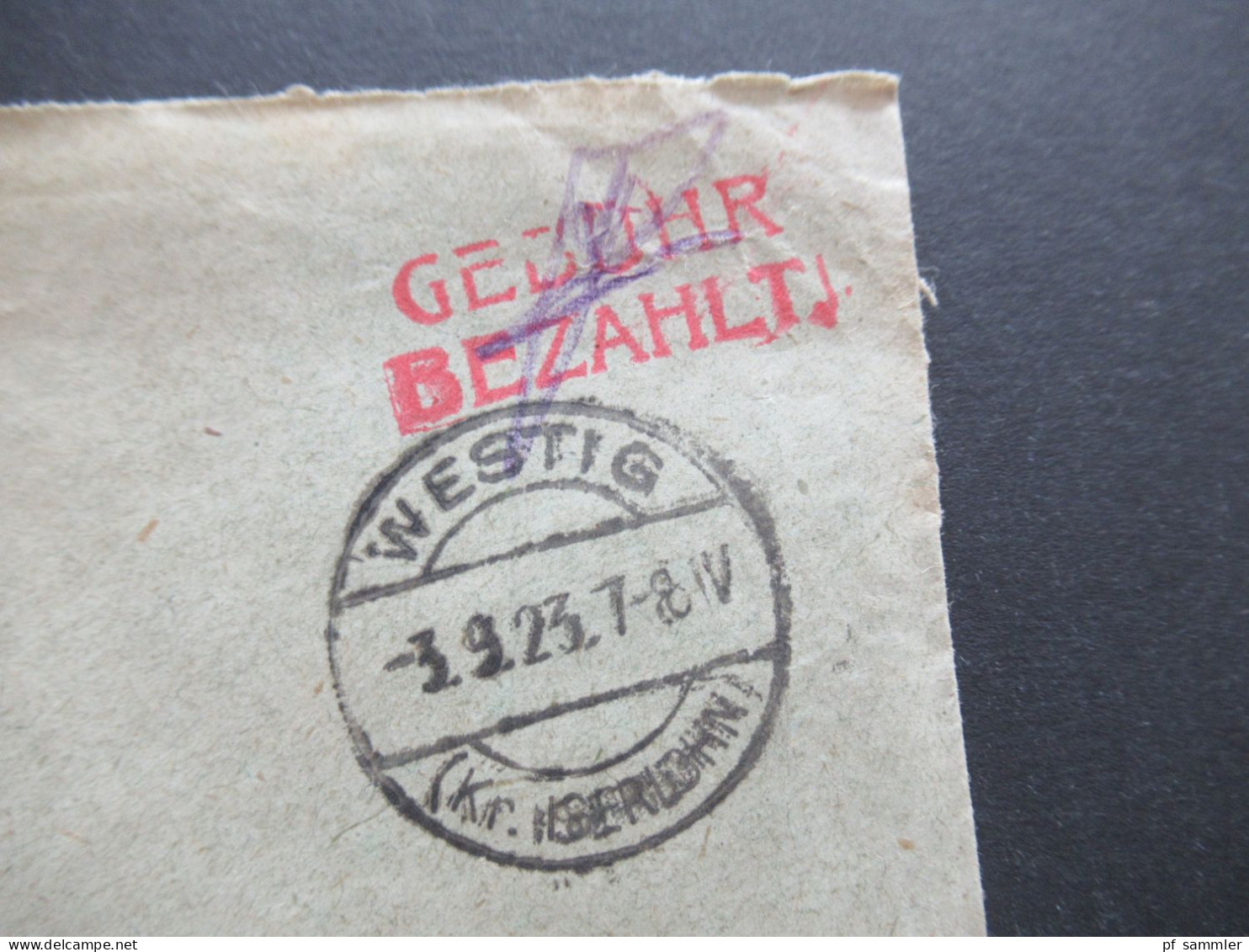 9.1923 Infla Notmaßnahme Porto Handschriftlich Roter L2 Gebühr Bezahlt Tagesstempel Westig Gebr.vom Braucke Bredenbruch - Cartas & Documentos