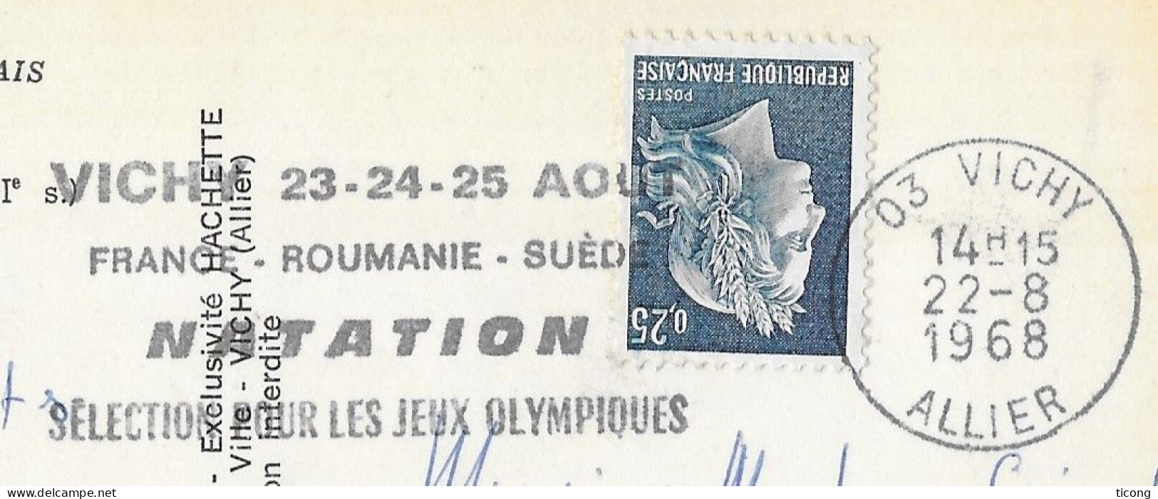 VICHY ALLIER 1968 FLAMME SELECTION POUR LES JEUX OLYMPIQUES DE NATATION FRANCE ROUMANIE SUEDE, CARTE HERISSON MOULIN - Lettres & Documents