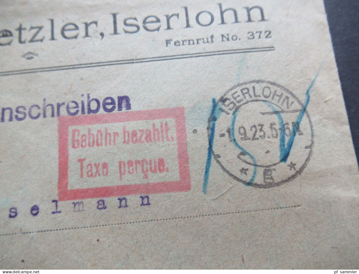 9.1923 Infla Notmaßnahme Porto Handschriftlich Roter Ra2 Gebühr Bezahlt Taxe Percue Einschreiben Iserlohn - Menden - Briefe U. Dokumente