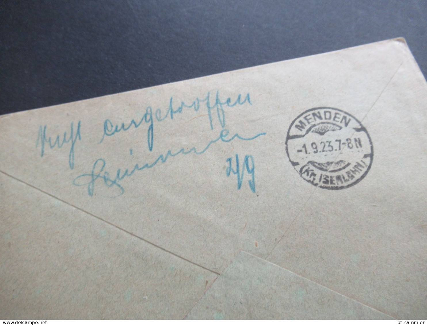 9.1923 Infla Notmaßnahme Porto Handschriftlich Roter Ra2 Gebühr Bezahlt Taxe Percue Einschreiben Iserlohn - Menden - Lettres & Documents
