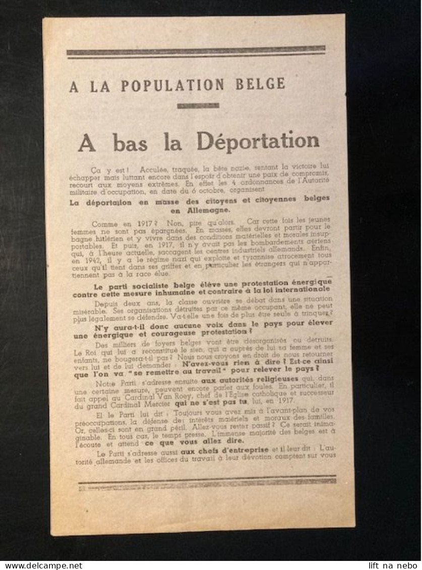 Tract Presse Clandestine Résistance Belge WWII WW2 'A La Population Belge / A Bas La Déportation' - Documenten