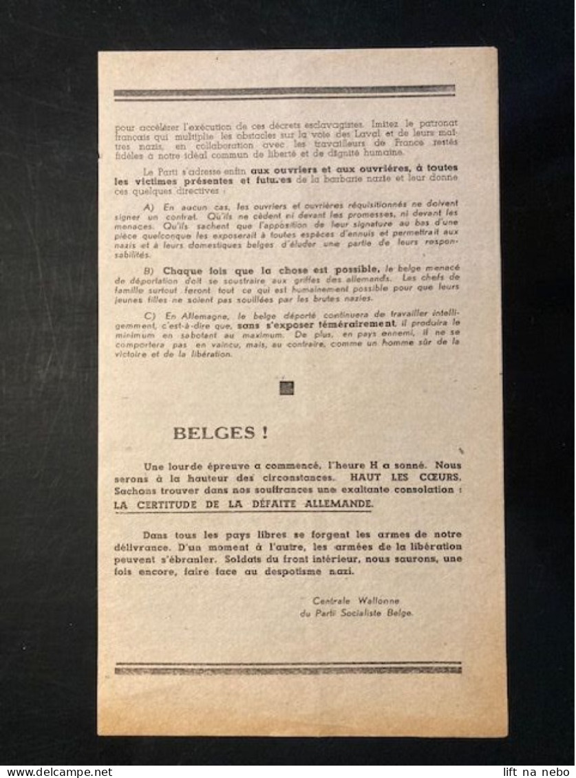 Tract Presse Clandestine Résistance Belge WWII WW2 'A La Population Belge / A Bas La Déportation' - Documentos