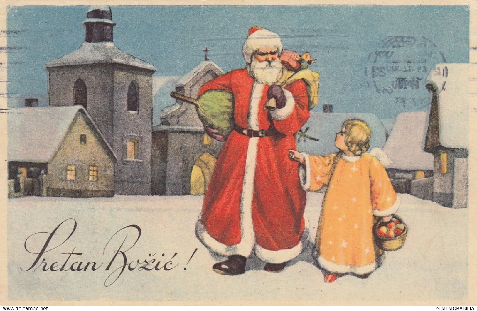 Santa Claus Angel Christmas Tree Old Postcard 1935 - Santa Claus