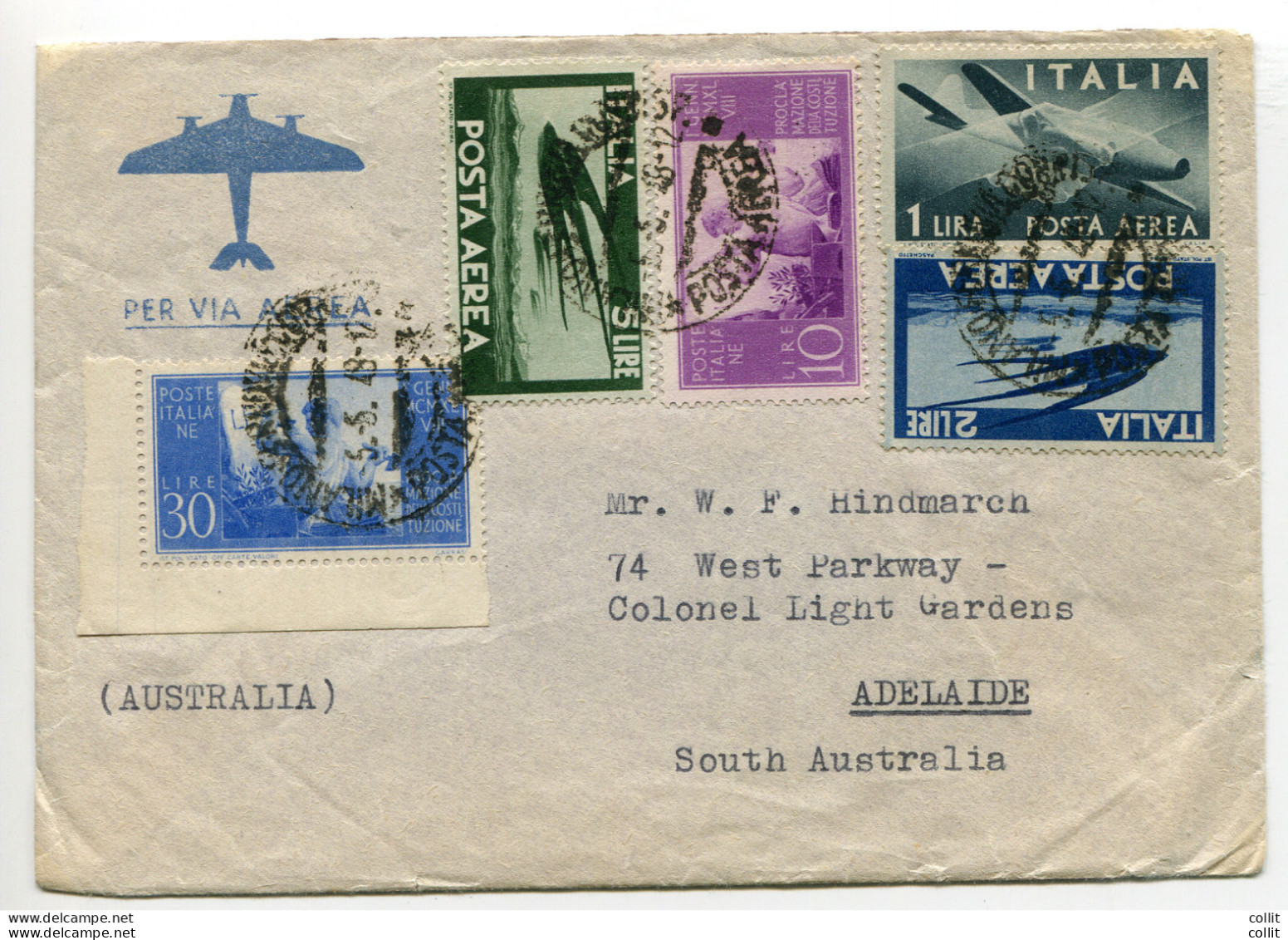 Costituzione + Complementari P.A.su Busta Via Aerea Per L'Australia - 1946-60: Poststempel