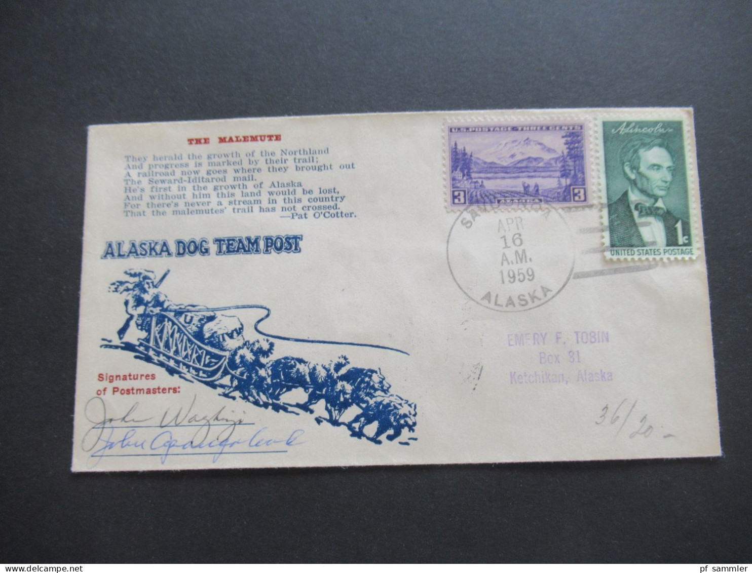 USA 1959 Alaska Dog Team Post Mit Unterschrift / Signatures Of Postmasters Stempel Alaska Savoonga Und Gambell - Expéditions Arctiques